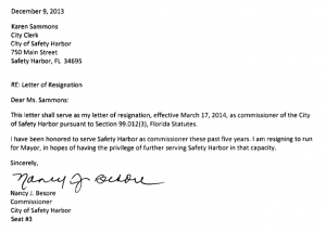 Commissioner Nancy Besore's letter of resignation.