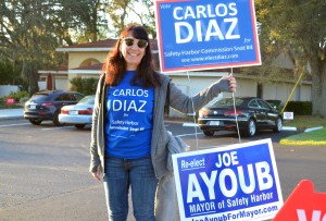 Michele Fishman campaigns for Carlos Diaz outside the Cypress Meadows Community Church.