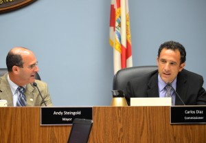 Mayor Andy Steingold and Commissioner Carlos Diaz discuss the waterfront park project.