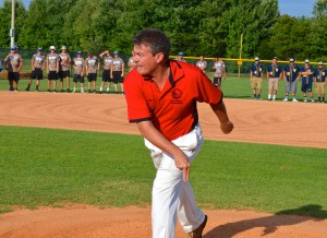 Safety Harbor Vice Mayor Cliff Merz throws out a ceremonial first pitch at the 2014 Little Southeast regional tournament.