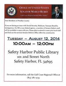 Staffers for US Senator Marco Rubio will be at the Safety Harbor Library on Tuesday, August 12 from 10 a.m. - noon.