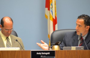 Commissioner Carlos Diaz makes a point to Mayor Andy Steingold Monday night.