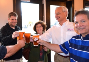 Safety Harbor Chamber of Commerce board members (l-r) James Poulter, Susan Petersen, Paul Peiffer and Mike Shaluly sample Odet's Brew at Sea Dog Brewery.
