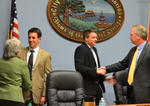 The candidates congratulate each other following the 2015 Safety Harbor Candidate Forum.