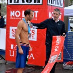 BDR organizer Nick Zivolich (r) congratulates half-marathon winner Sean Gallagher in 2014.