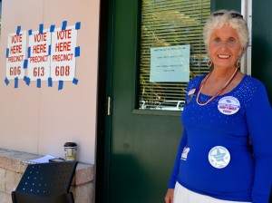 Election volunteer Judy Schneider mans the door at the Safety Harbor Library polling station.