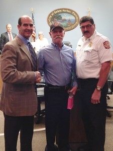 Mayor Andy Steingold with Fire Marshal Richard Brock and Fire Chief Joe Accetta.