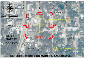 A map of the detour routes to be used during the work at Main Street and 8th Avenue. 