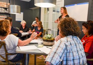 Mercedes Ofalt speaks to a group of downtown Safety Harbor merchants on July 20.