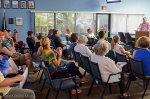 Matt Spoor addresses those who attended the town hall meeting on the Safety Harbor sign code on Monday.