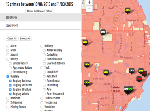 A screen shot of the active burglary calls in Safety Harbor between 10/1/15 and 11/3/15 from the PCSO website.