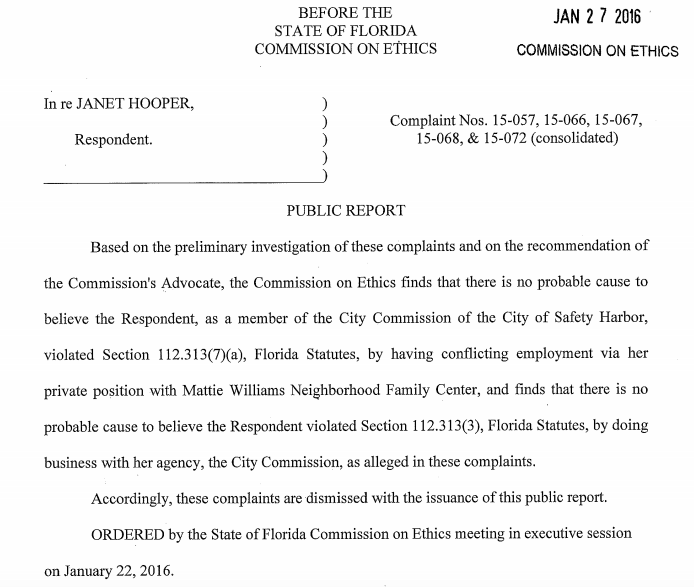 The results of the Florida State Commission on Ethics report regarding Safety Harbor City Commissioner Janet Hooper.