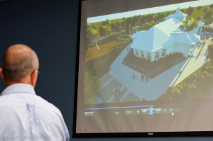 Harborside Christian Church official Dean McSpadden plays a video clip of a rendering of the church's proposed 220-seat wedding chapel on March 7.
