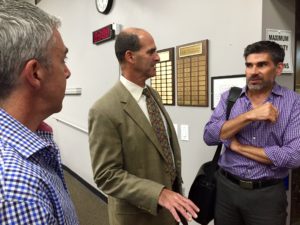 Safety Harbor Mayor Andy Steingold (center) speaks with Kevin LaBrie (l) and Vic Curti (r) following a recent commission meeting.