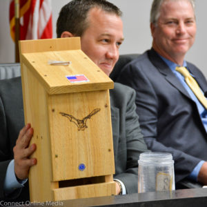 City Manager Matt Spoor displays one of the 30 bat houses that were donated to the city by the Safety Harbor Lions Club on Feb. 6, 2017.