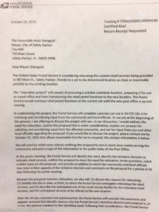 A copy of the letter a USPS official sent to Safety Harbor Mayor Andy Steingold in September 2016.