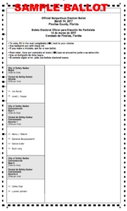 A screenshot of a sample ballot for the 2017 Safety Harbor muncipal election taken from the Pinellas County Supervisor of Elections website.